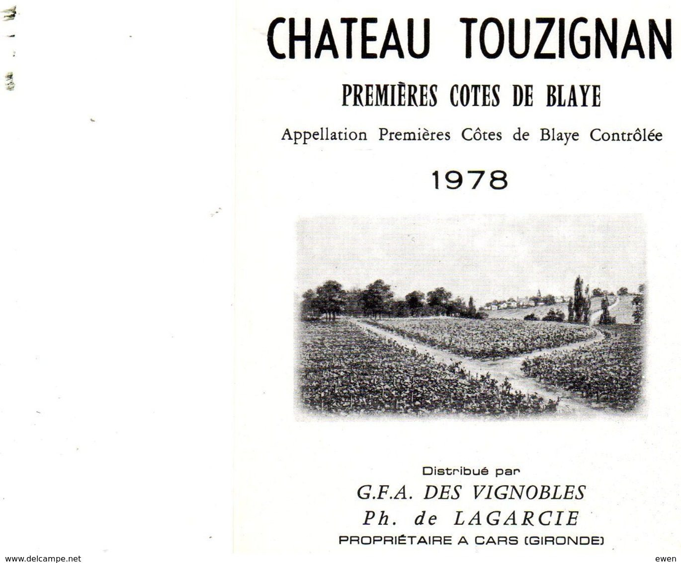 Etiquette De Vin Ancienne Chateau Touzignan. 1978 - Bordeaux