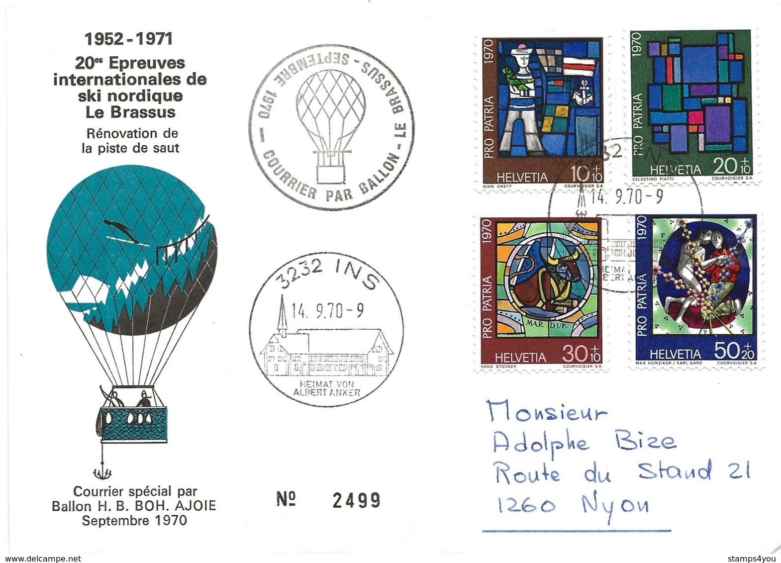 105 - 37 - Enveloppe Suisse "courrier Ballon 20è Epreuves Intl Ski Nordique Le Brassus 1971 - Fesselballons