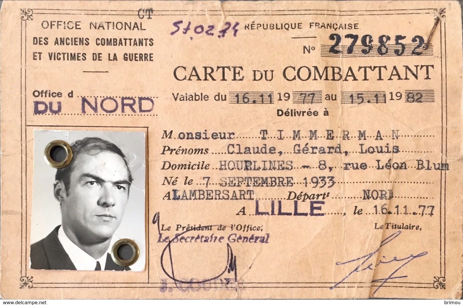 France, Carte De Combattant. - Historische Dokumente