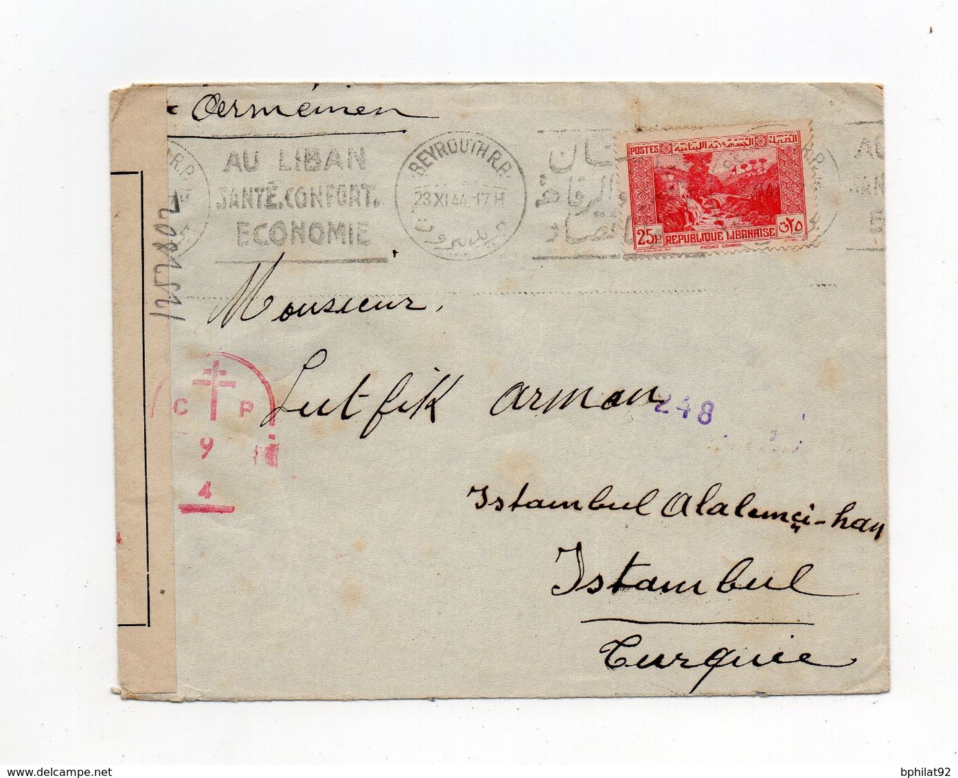 !!! LETTRE DE BEYROUTH POUR ISTAMBOUL DU 23/11/1944 AVEC CENSURE FORCES FRANCAISES LIBRES - Lettres & Documents