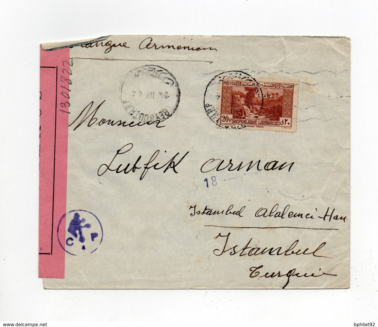 !!! LETTRE DE BEYROUTH POUR ISTAMBOUL DU 14/3/1944 AVEC CENSURE FORCES FRANCAISES LIBRES - Covers & Documents