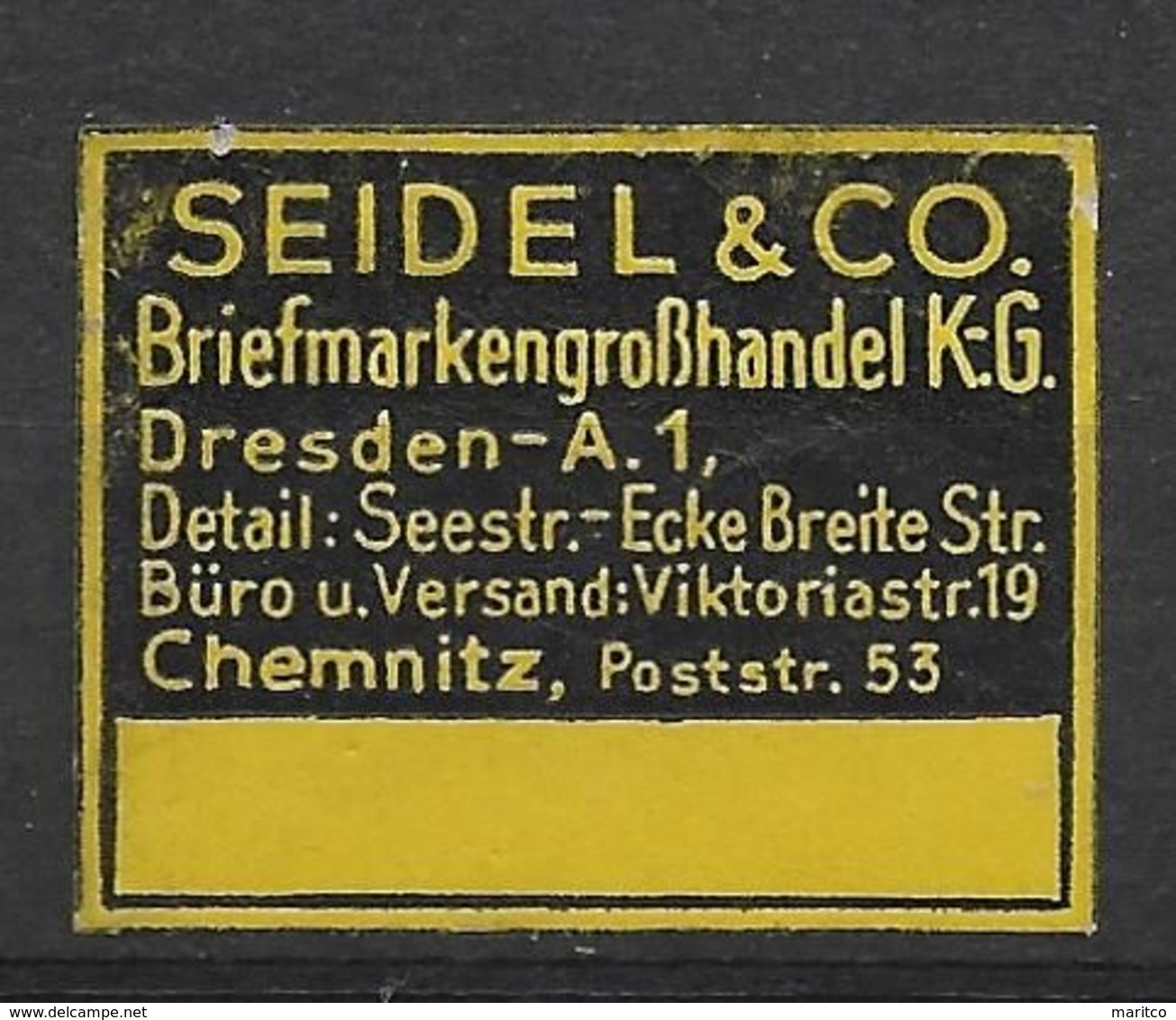 Deutsches Reich Seidel & Co Briefmarkenhandel Chemnitz Cinderella Vignet Werbemarke Propaganda - Fantasie Vignetten