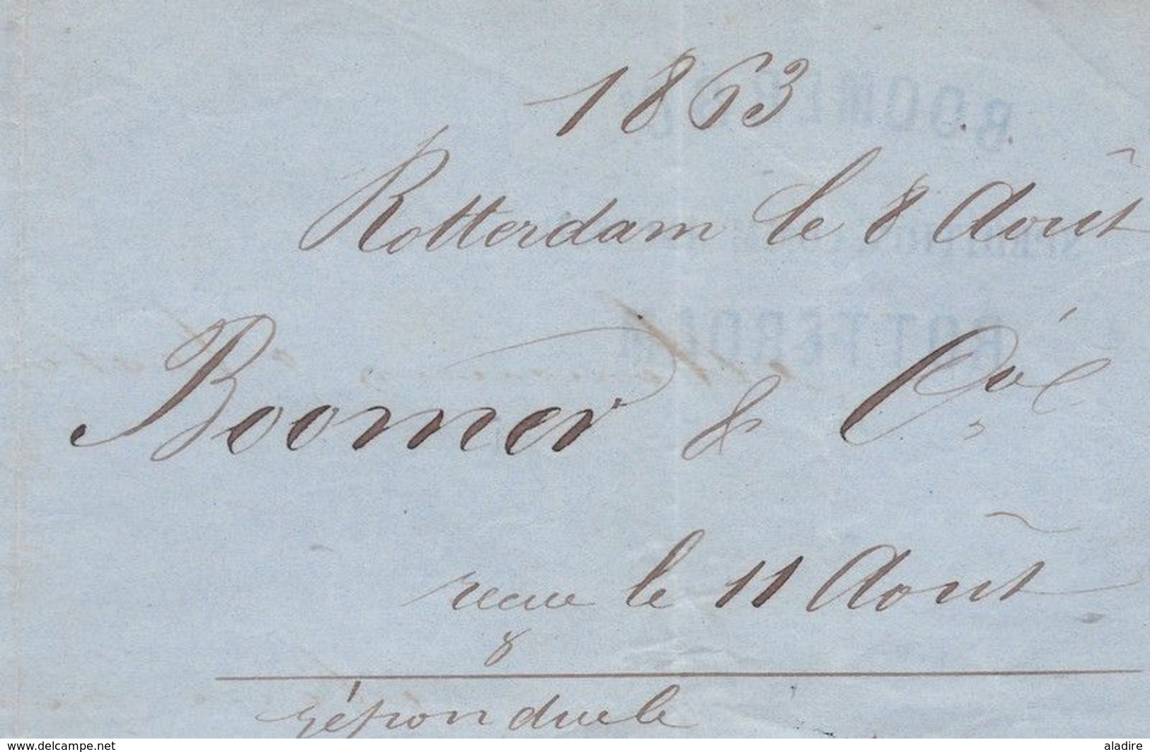 1863    - Lettre pliée en français de Rotterdam vers Le Havre, France via Erquelines & Paris