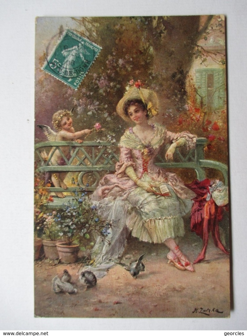 ZATZKA     JEUNE  FEMME   SUR  UN  BANC    ET  ANGELOT  ...  .      TTB - Zatzka