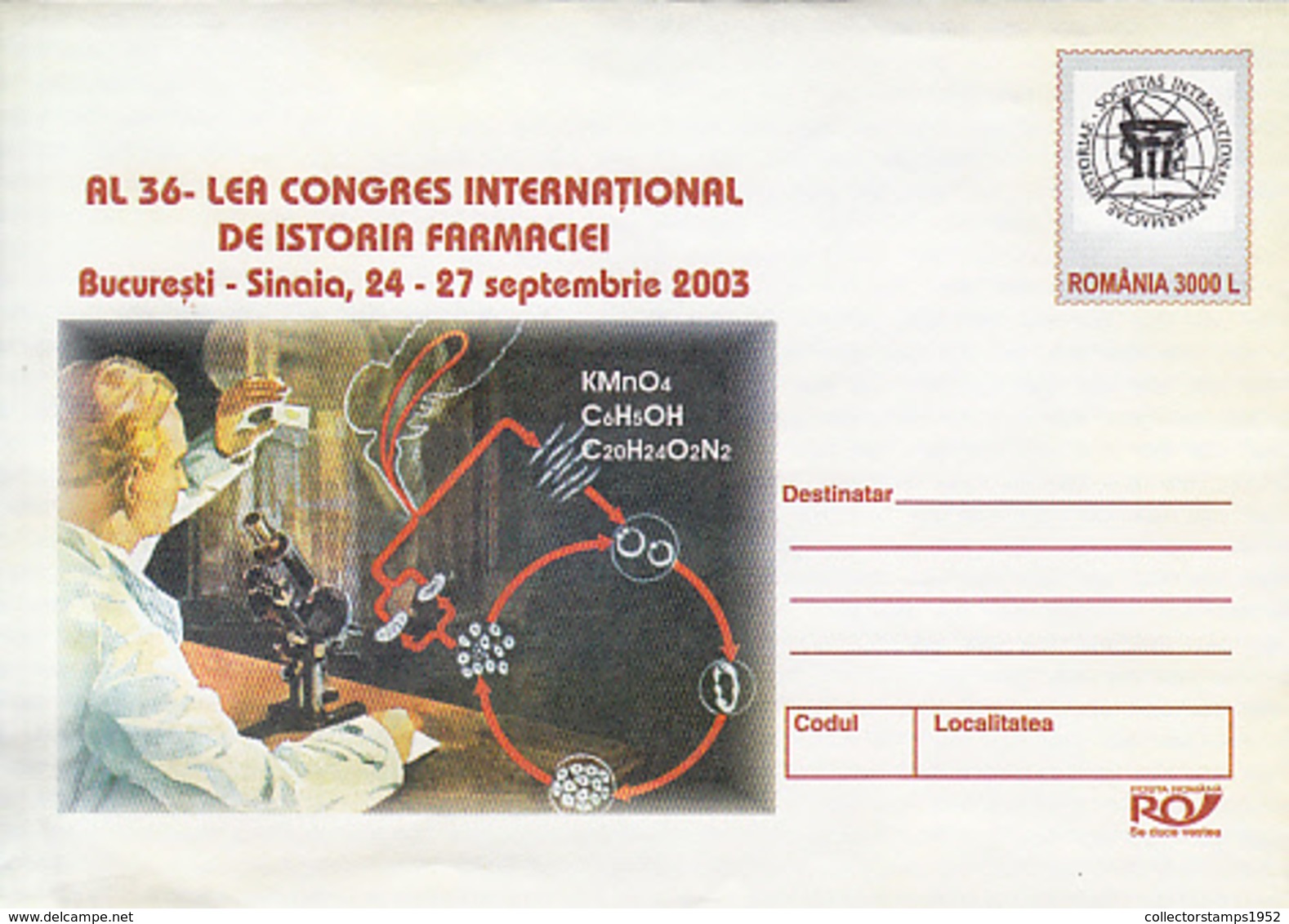 89269- INTERNATIONAL CONGRESS OF PHARMACY HISTORY, HEALTH, COVER STATIONERY, 2003, ROMANIA - Pharmacy