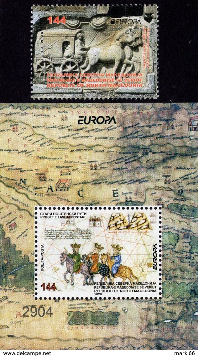 Macedonia - 2020 - Europa CEPT - Ancient Postal Routes - Mint Stamp Set + Souvenir Sheet - Nordmazedonien