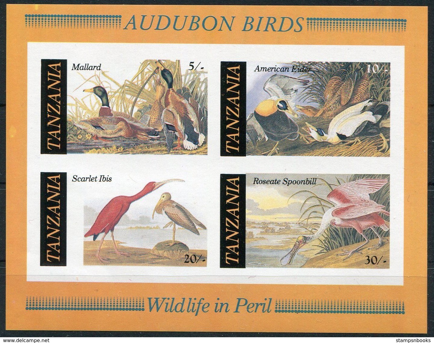 Tanzania Audubon Birds Miniature Sheet.Imperf Printing Error. Mallard Duck, American Eider, Ibis Spoonbill U/M Ungezahnt - Tanzania (1964-...)