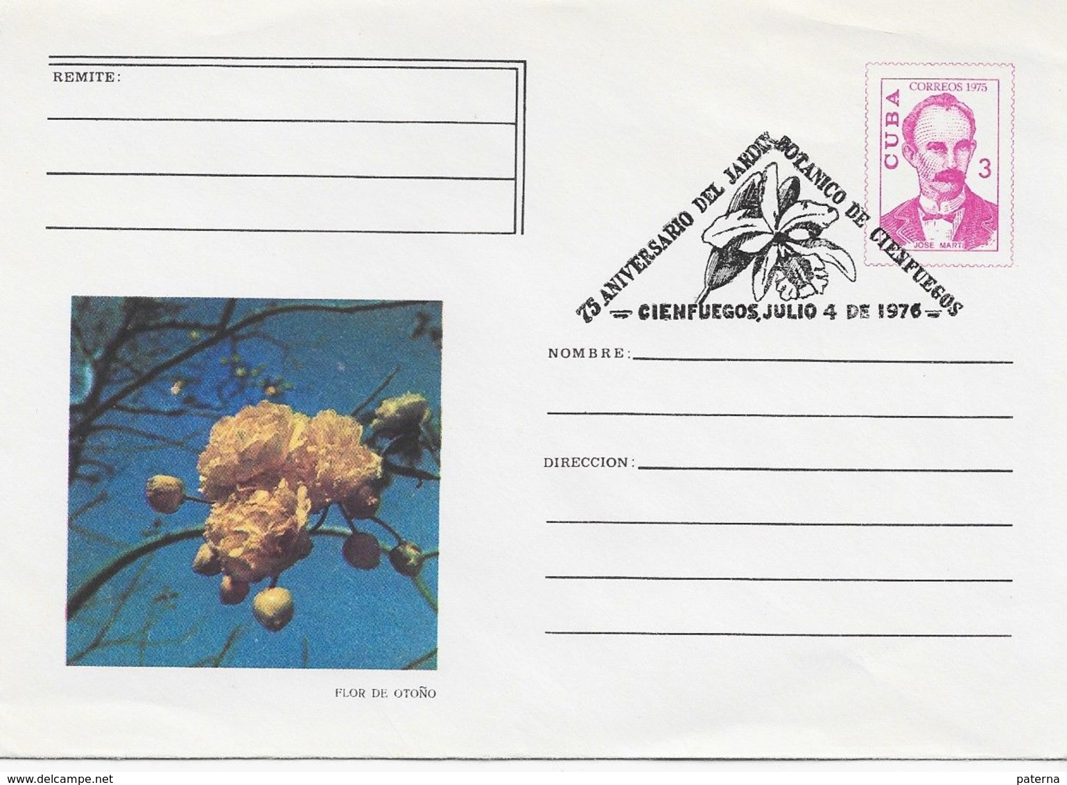 3535  Carta Entero Postal 75 Aniversario Del Jardín Botánico De Cienfuegos 1976, Flor De Otoño - Storia Postale