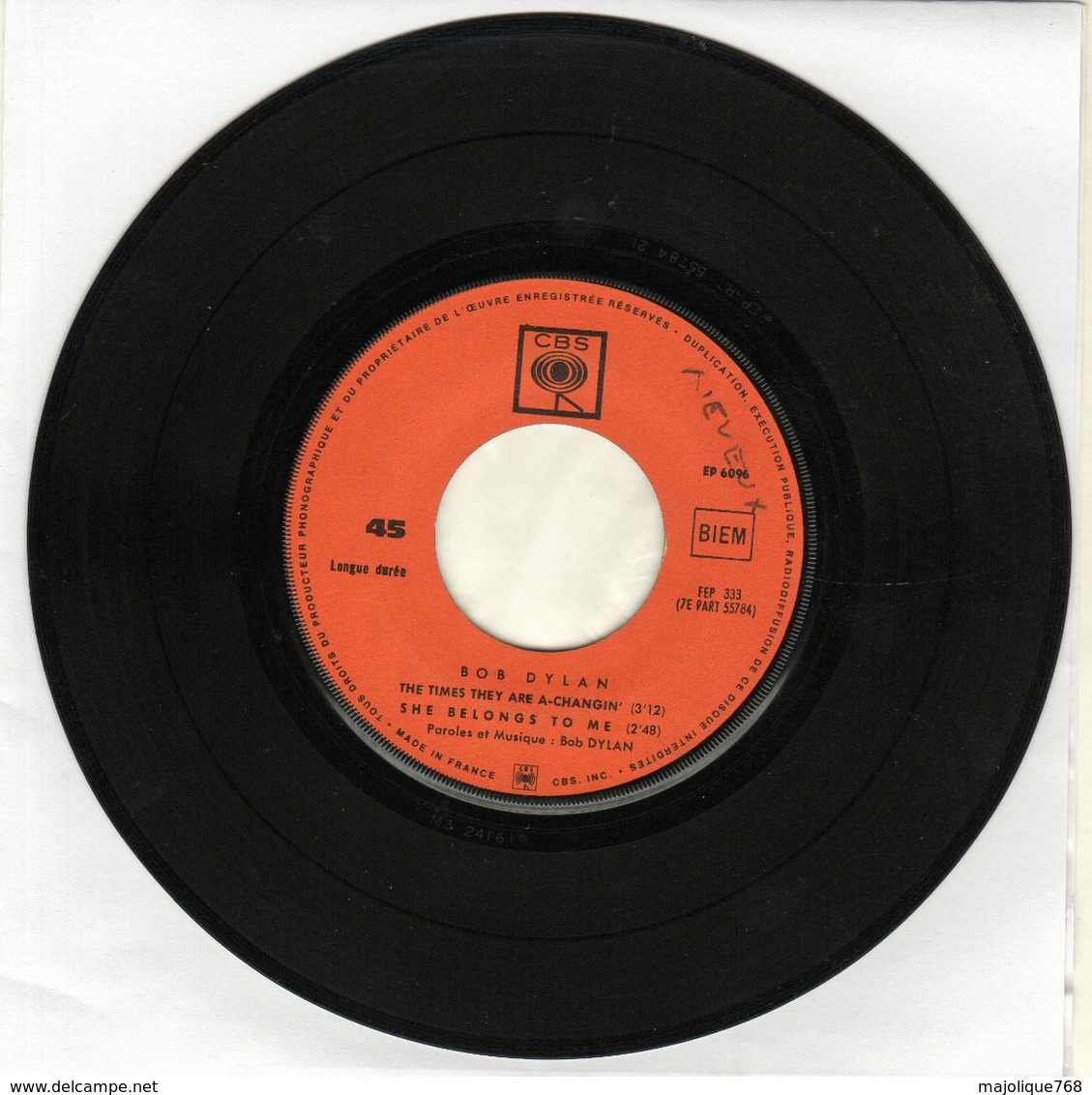 Disque  45 T - SP - Bob Dylan - Subterranean Homesick Blues - CBS EP 6096 - 1965 France - Sans Pochette - - Country Et Folk
