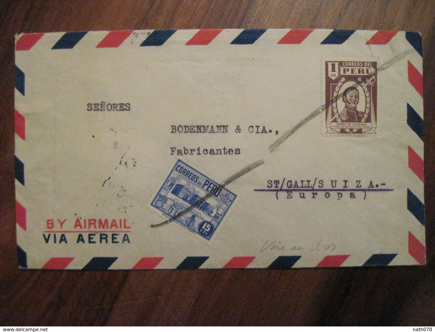 Perou 1957 Peru Obliteration Manuelle Voir Le Dos Enveloppe Cover Air Mail Par Avion Via Aerea - Peru