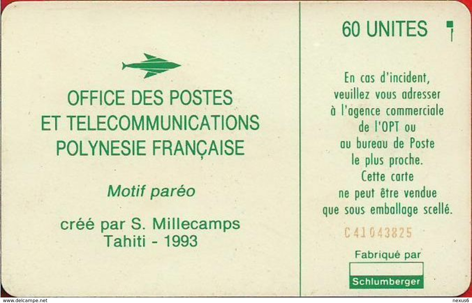 French Polynesia - OPT - Motif Paréo (Green) - SC5 SB, Glossy Finish, Cn. C41043825 Red Embossed, 60Units, Used - Französisch-Polynesien