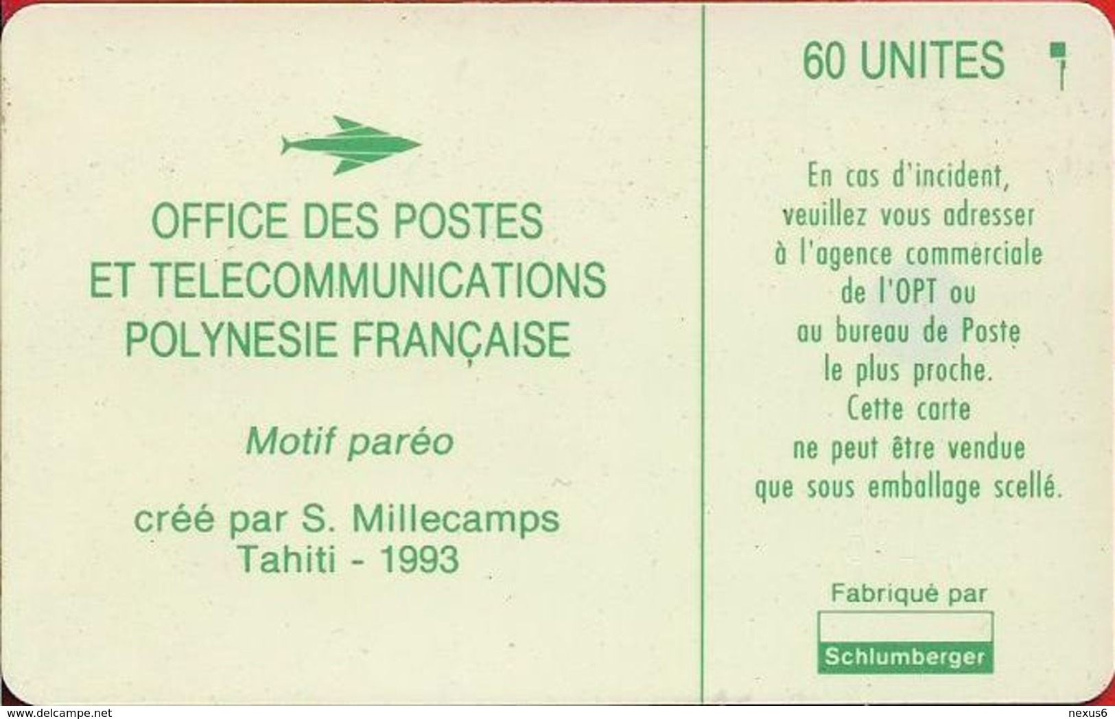 French Polynesia - OPT - Motif Paréo (Green) - SC5 SB, Matt Finish, Cn. 00480 White Embossed, 60Units, Used - Polynésie Française