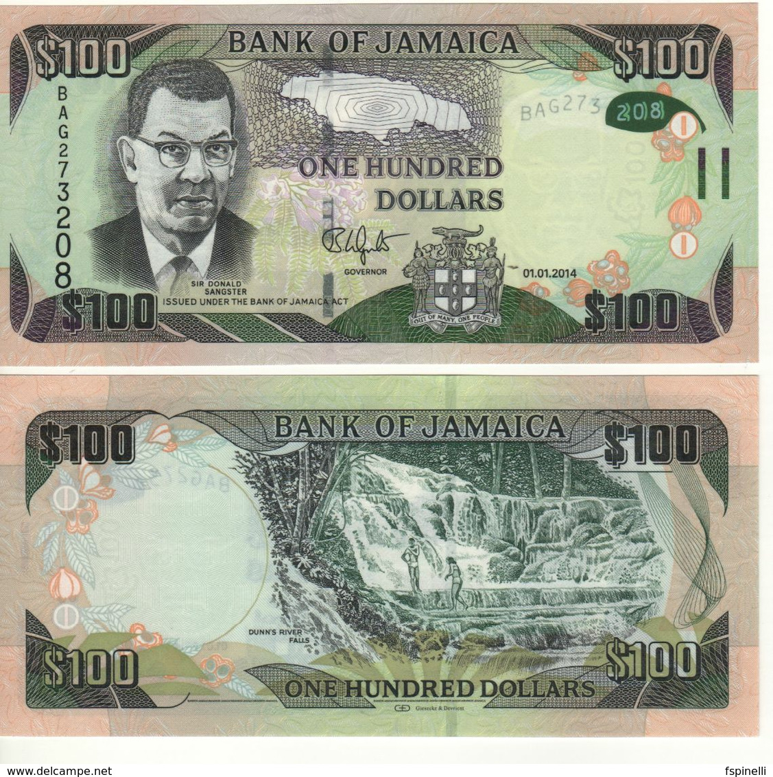 JAMAICA  100 Dollars  P95a    Dated  01.01.2014   (Sir Donald Sangster -Dunn's River Falls)   UNC - Jamaica