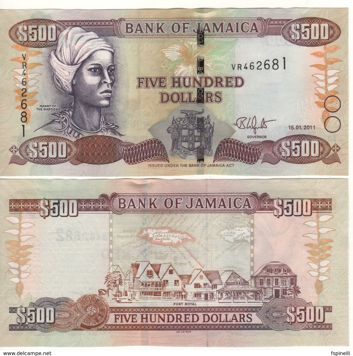 JAMAICA  500 Dollars  P85h  Dated 15.01.2011  ( Nanny Of The Maroons - Port Royal )   UNC - Jamaica
