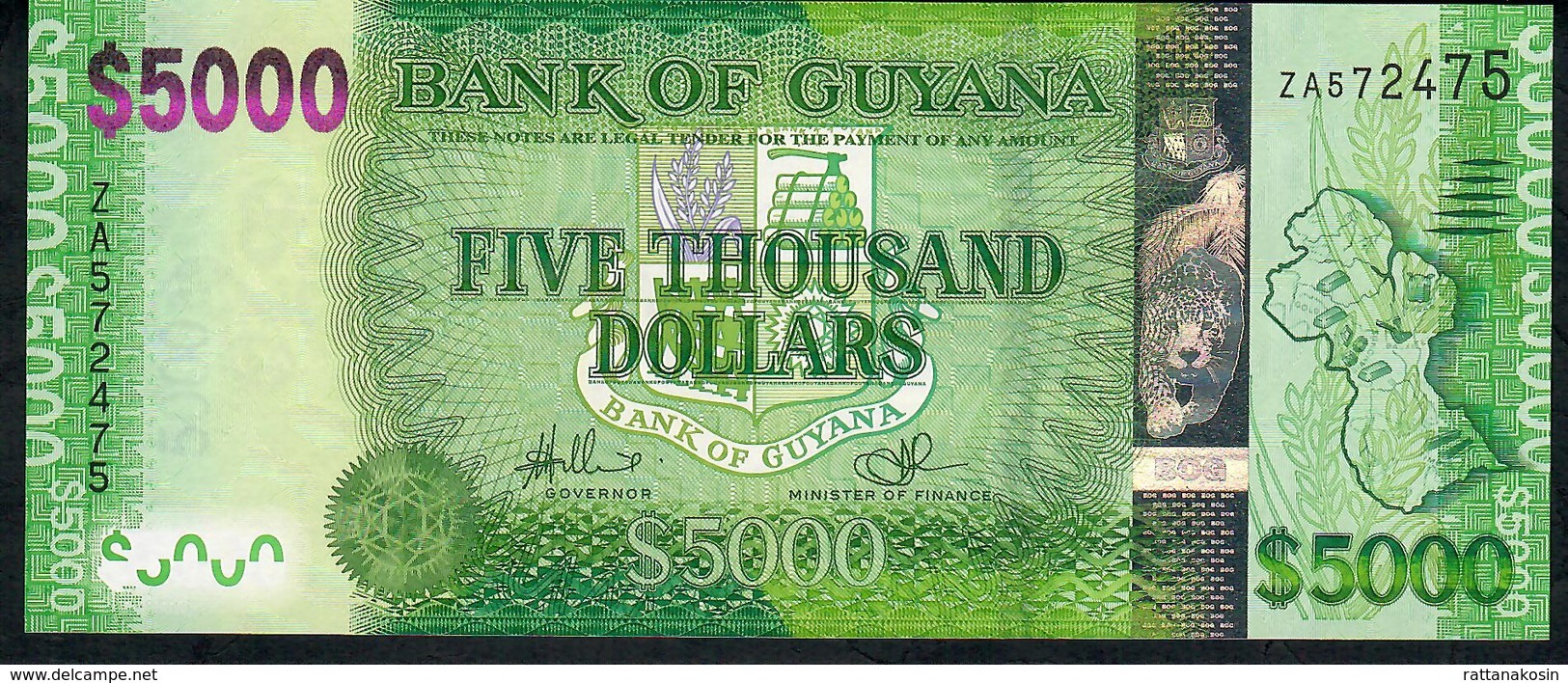 GUYANA P40a 5000 DOLLARS 2013 #ZA REPLACEMENT Signature 14 (first Signature ) UNC. - Guyana