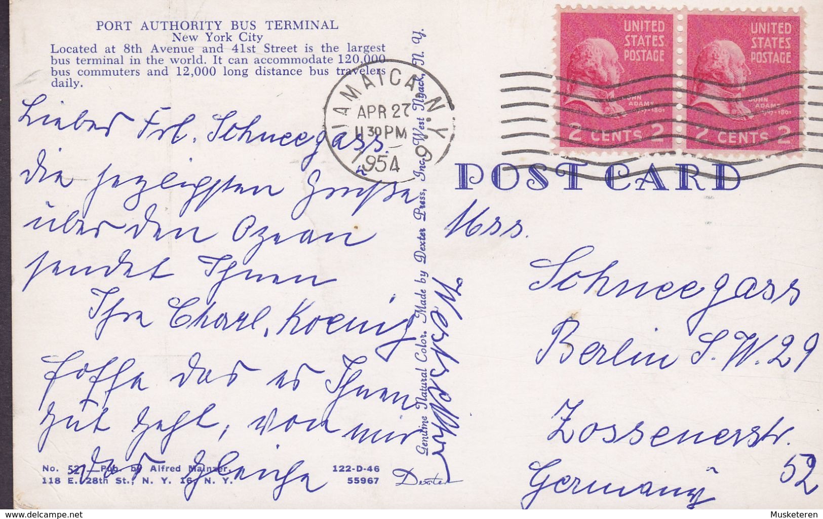 United States PPC Port Authority Bus Terminal New York JAMAICA N.Y. 1954 BERLIN Germany (2 Scans) - Transports