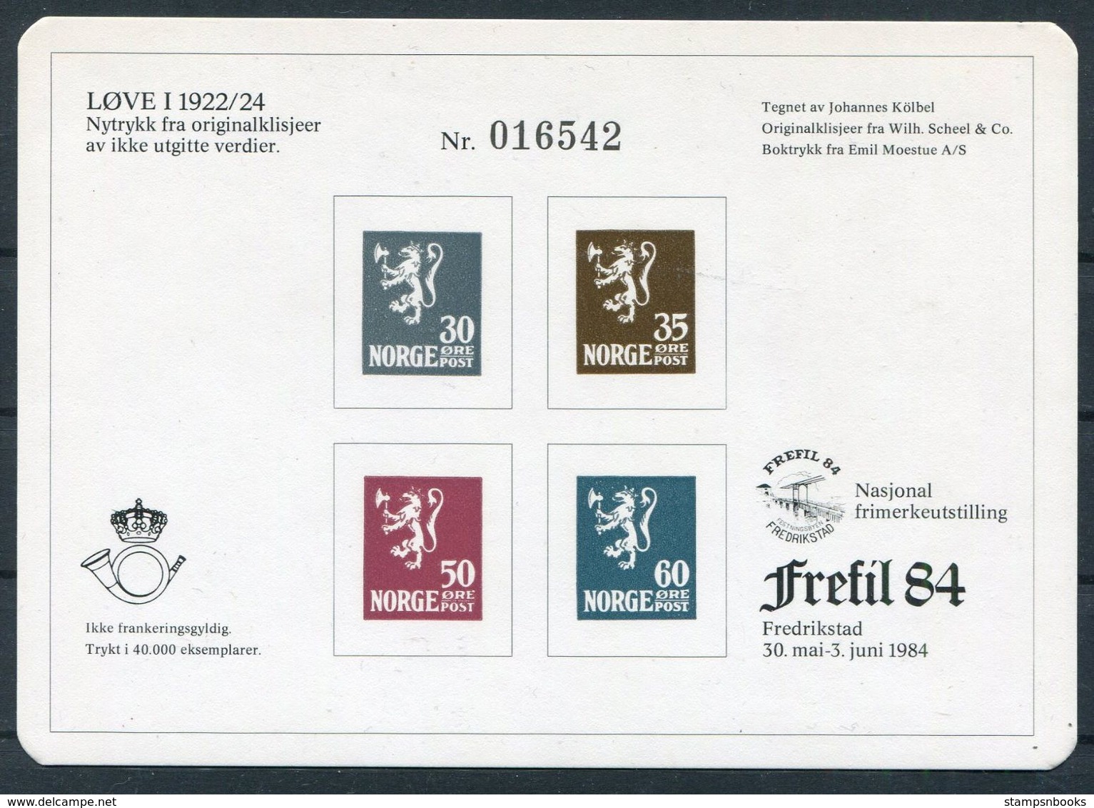 1984 Norway Stamp Exhibition Souvenir Sheet FREFIL 84 Lions Fredrikstad - Proeven & Herdrukken