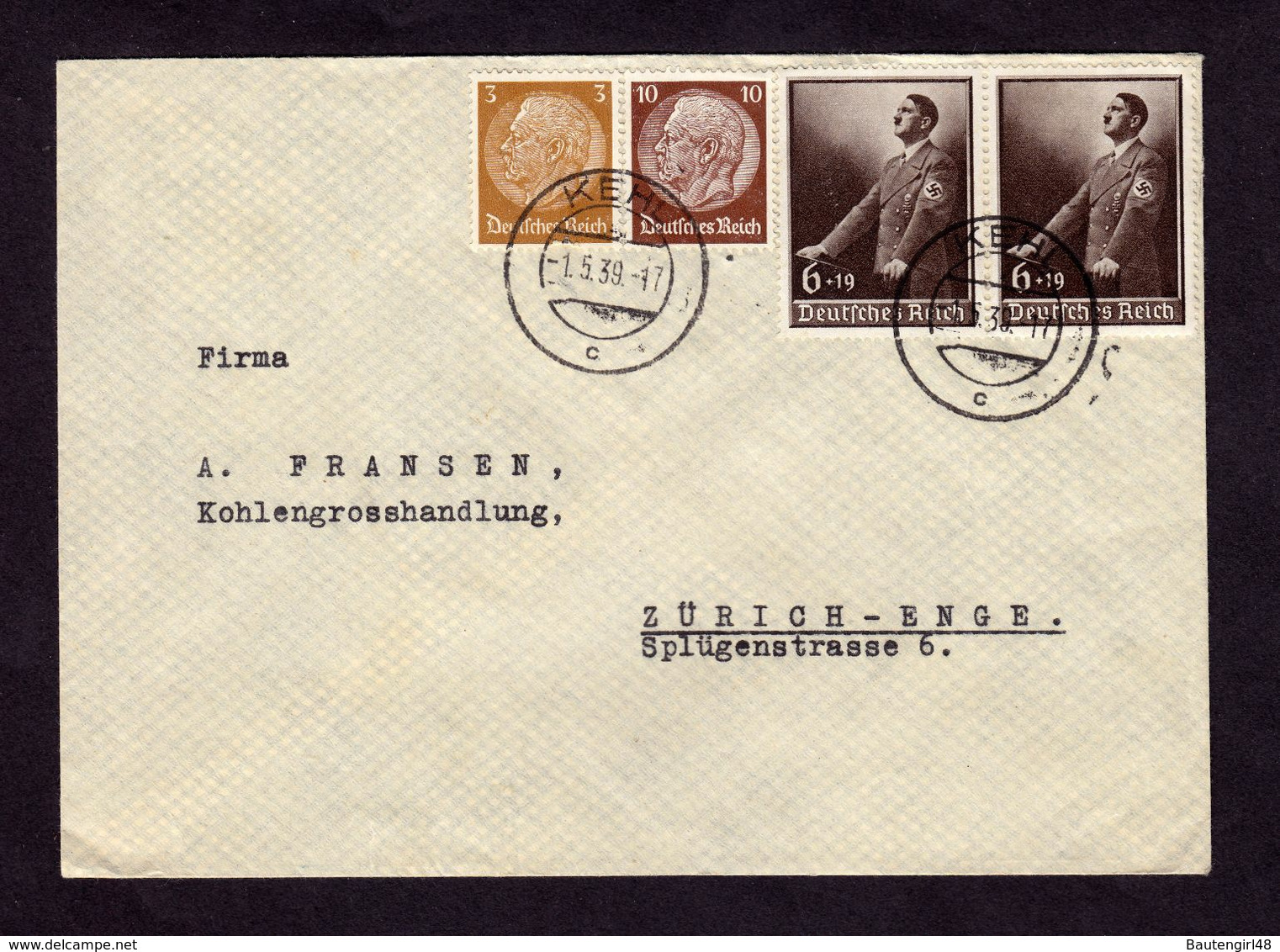 DR Brief KEHL - Zürich-Enge - 1.5.39 - Mi. 694(6), 513(3), 518(10) - Briefe U. Dokumente
