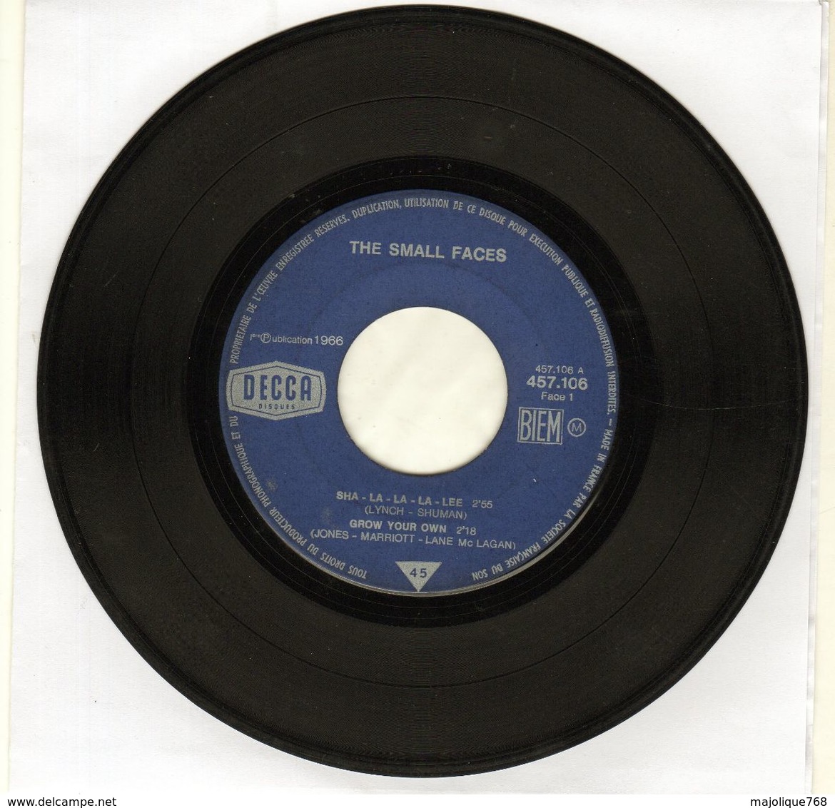Disque  45 T - SP - The Small Faces - DECCA 457.106 - 1966 France  - Sans Pochette - Rock