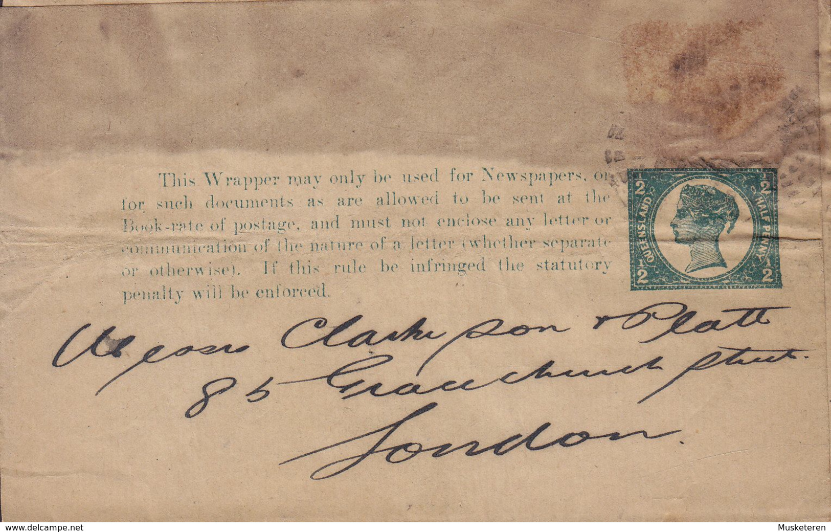 Queensland (Uprated) Postal Stationery Ganzsache Entier Victoria HALF PENNY Wrapper Streifband Bande Journal LONDON - Storia Postale
