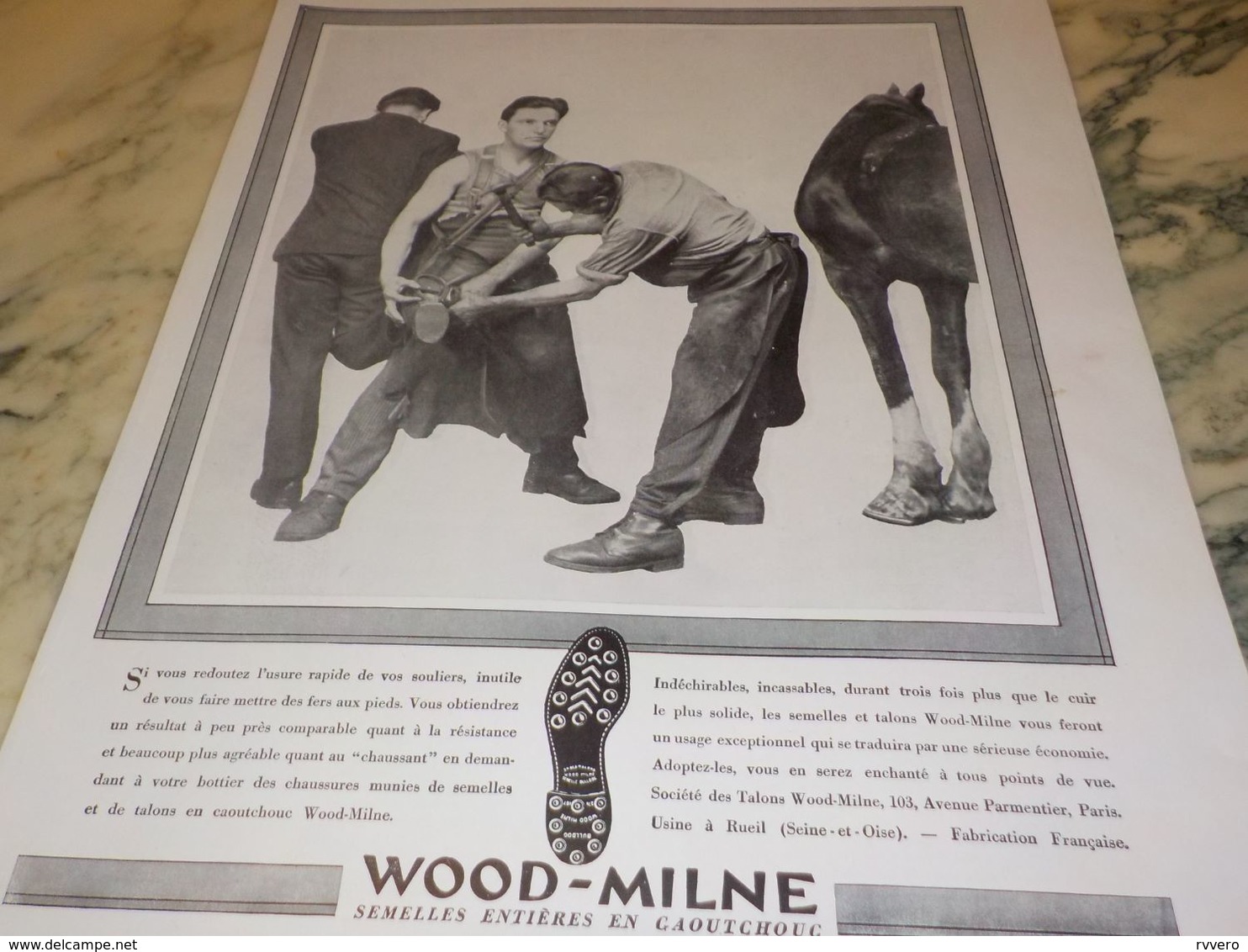 ANCIENNE  PUBLICITE SEMELLE WOOD-MILNE FER AUX PIED 1930 - Reclame