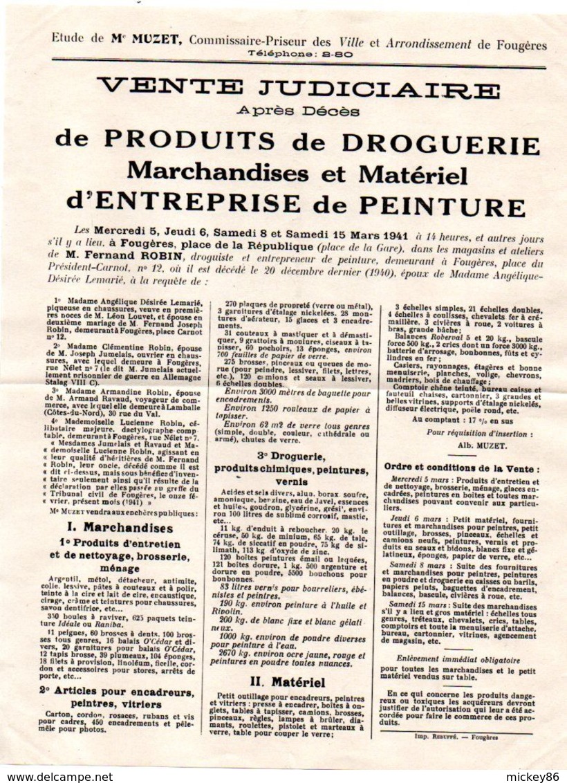 Fougères-35---1941--Petite Affiche  21cm X 27.5cm --Vente Judiciaire ROBIN FERNAND  Droguiste - Afiches