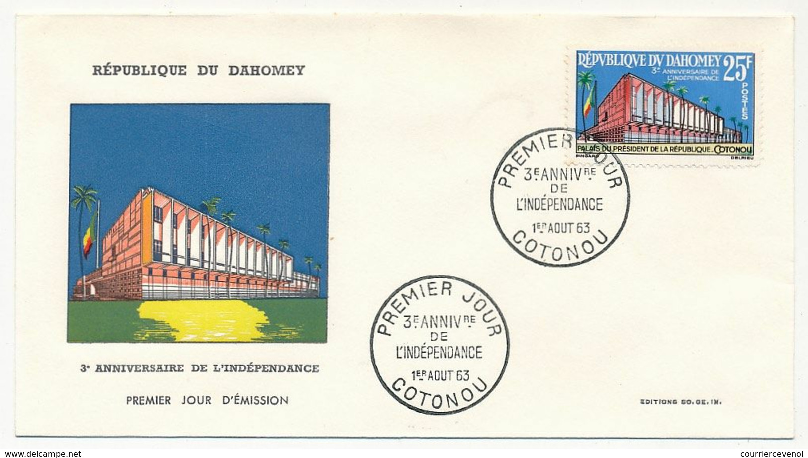 DAHOMEY => FDC => 3eme Anniversaire De L'Indépendance.- Cotonou - 1963 - Benin - Dahomey (1960-...)