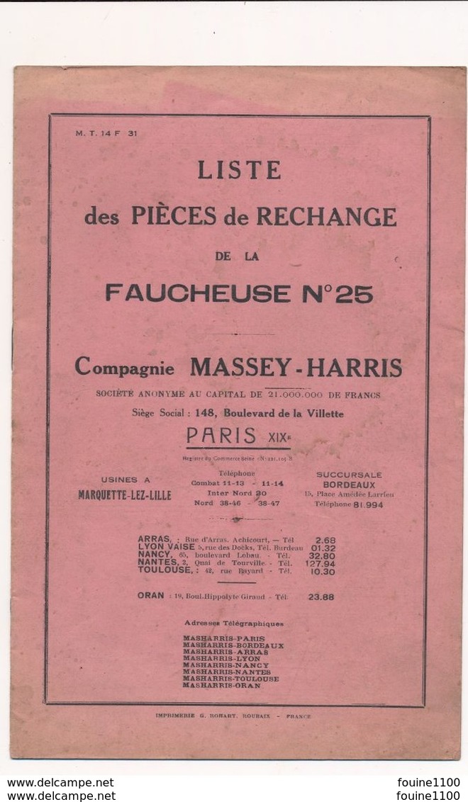 Brochure Liste Des Pièces De Rechange De La FAUCHEUSE N° 25 Cie MASSEY HARRIS ( Matériel Agricole Agriculture ) - Tools