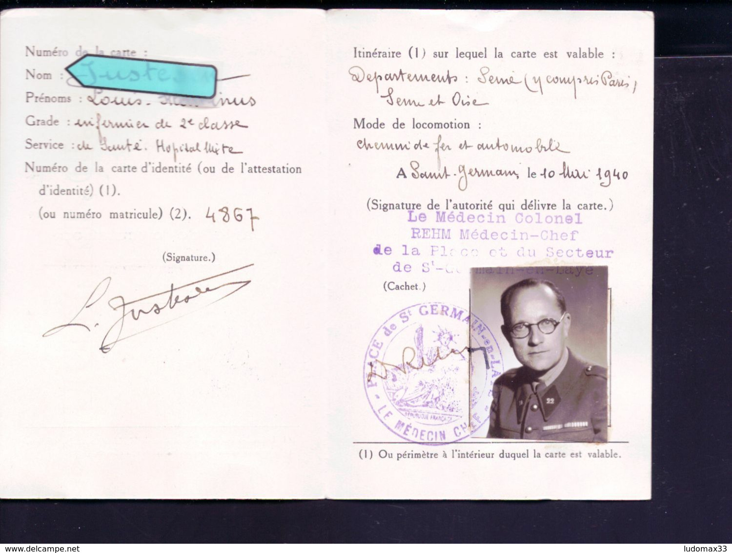 Carte De Circulation Permanente Pour Un Infirmier 1940 - 1939-45