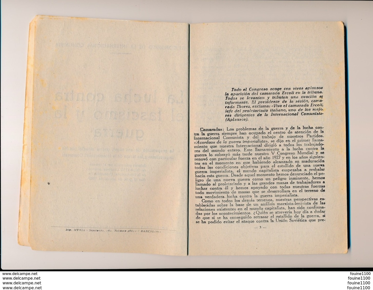 Ercoli La Lucha Contra El Fascismo Y La Guerra  ( Fascisme ) VII  Congreso De La Internacional Comunista - Cultura