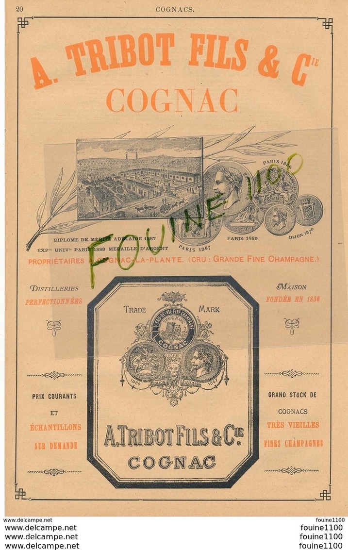 Distillerie Eaux De Vie Fine Champagne COGNAC A Tribot Fils & Cie  COGNAC LA PLANTE Raynal JARNAC Châteu Du Grollet Yvon - Werbung