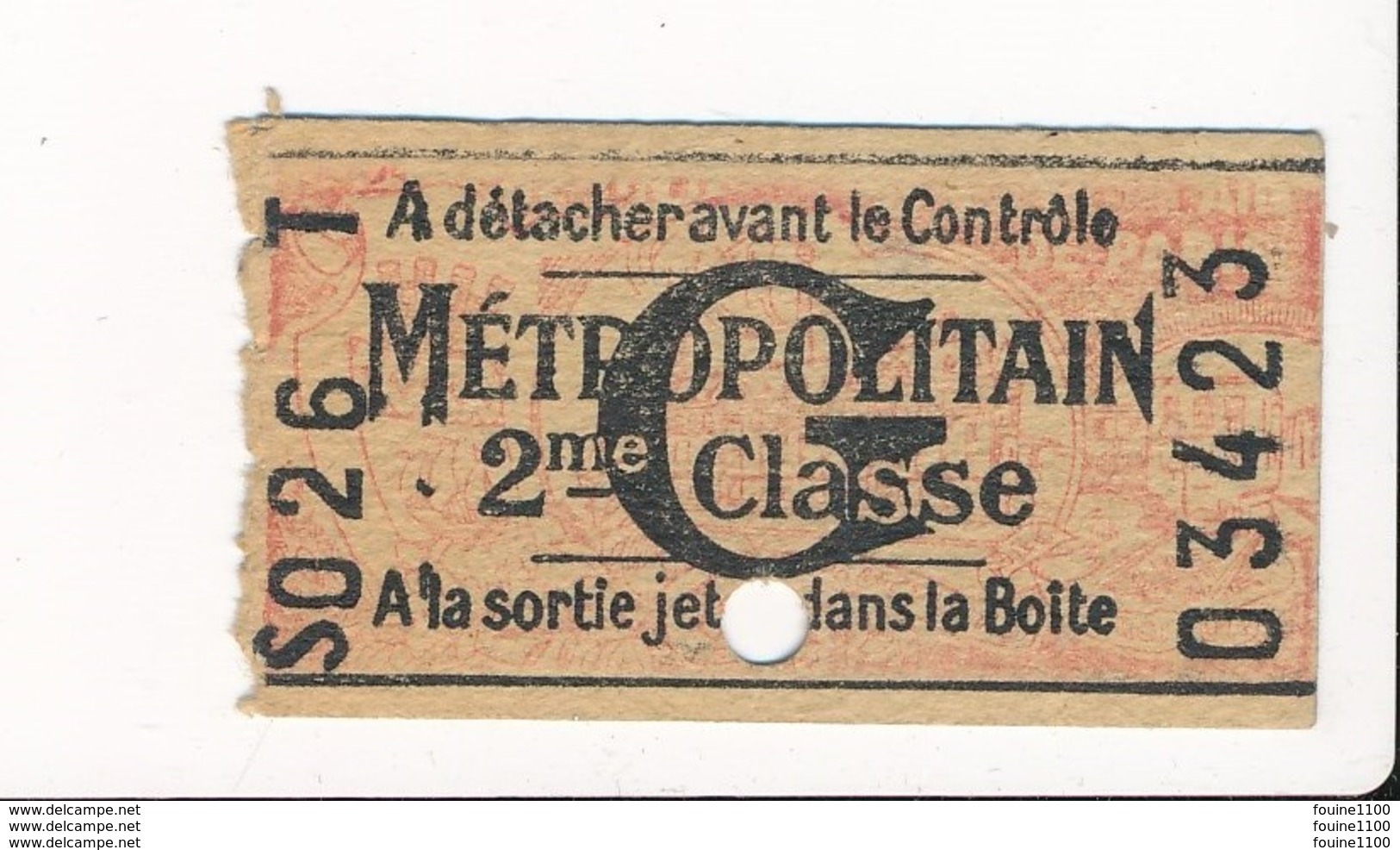 Ticket De Métro De Paris ( Métropolitain ) 2me Classe   Lettre G - Europe