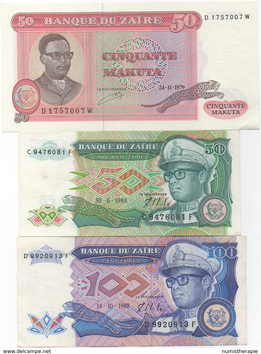 Zaïre : Lot De 3 Billets UNC (ou Presque) : 50 Zaïres 1979 + 50 Zaïres 1988 + 100 Zaïres 1988 - Zaïre