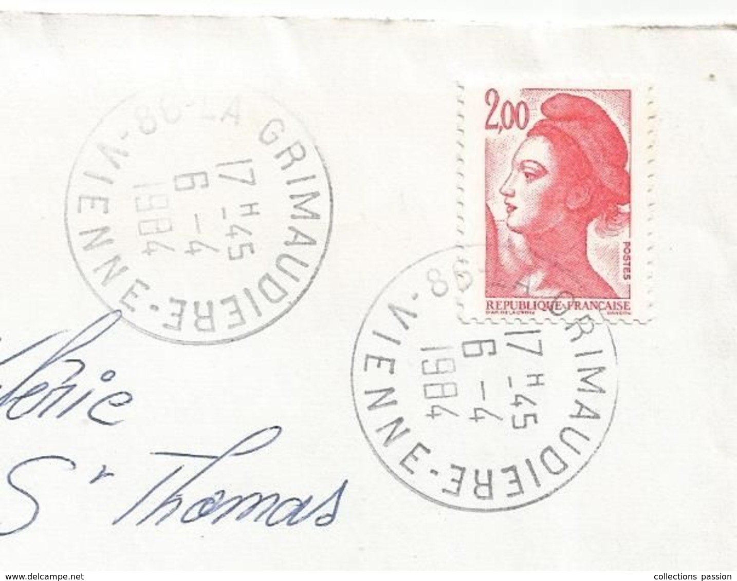 Lettre , 86 LA GRIMAUDIERE , VIENNE , 1984 , 2 Scans - 1961-....