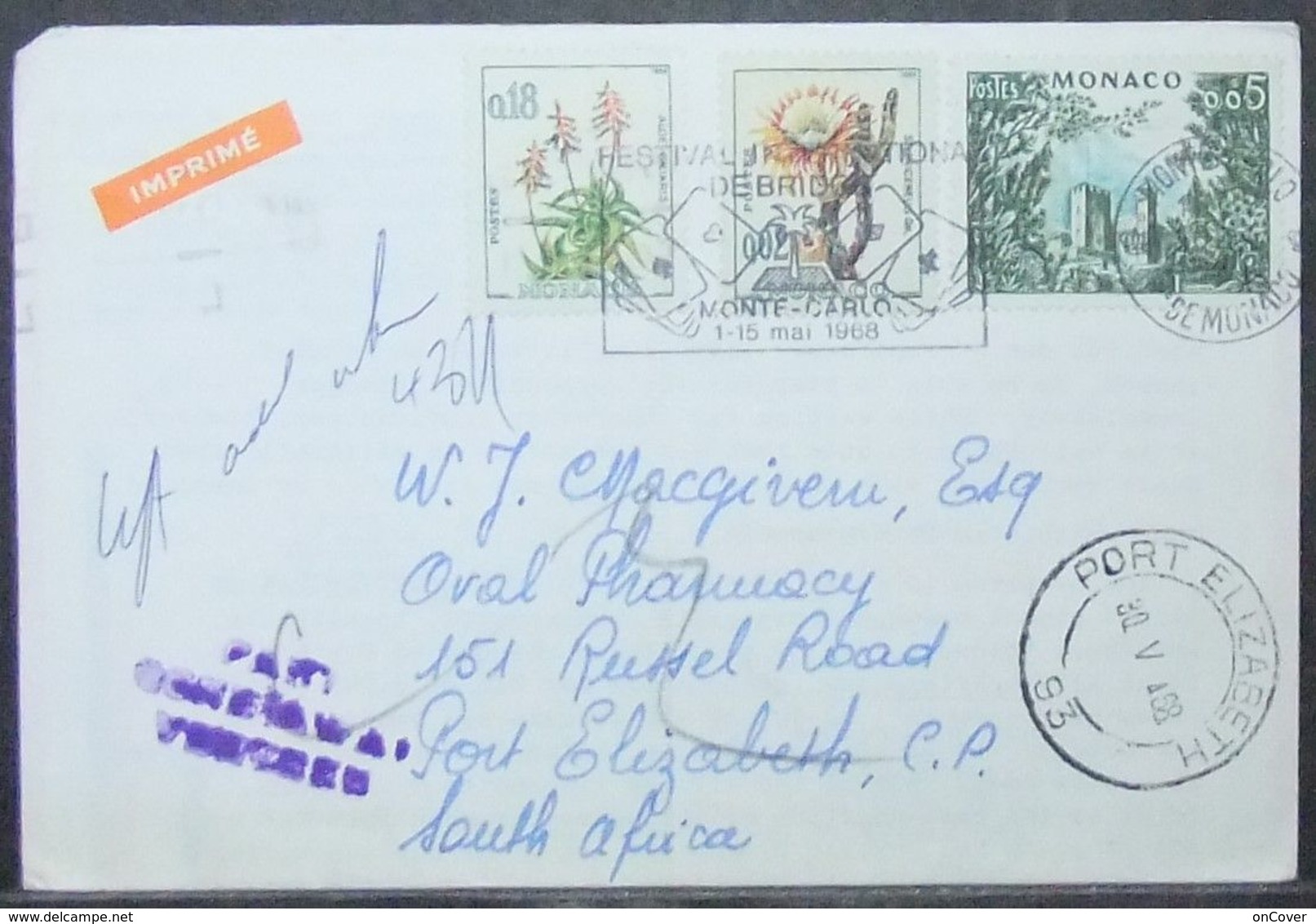 Monaco - Cover To South Africa 1968 Cactus Bridge Customs - Sukkulenten