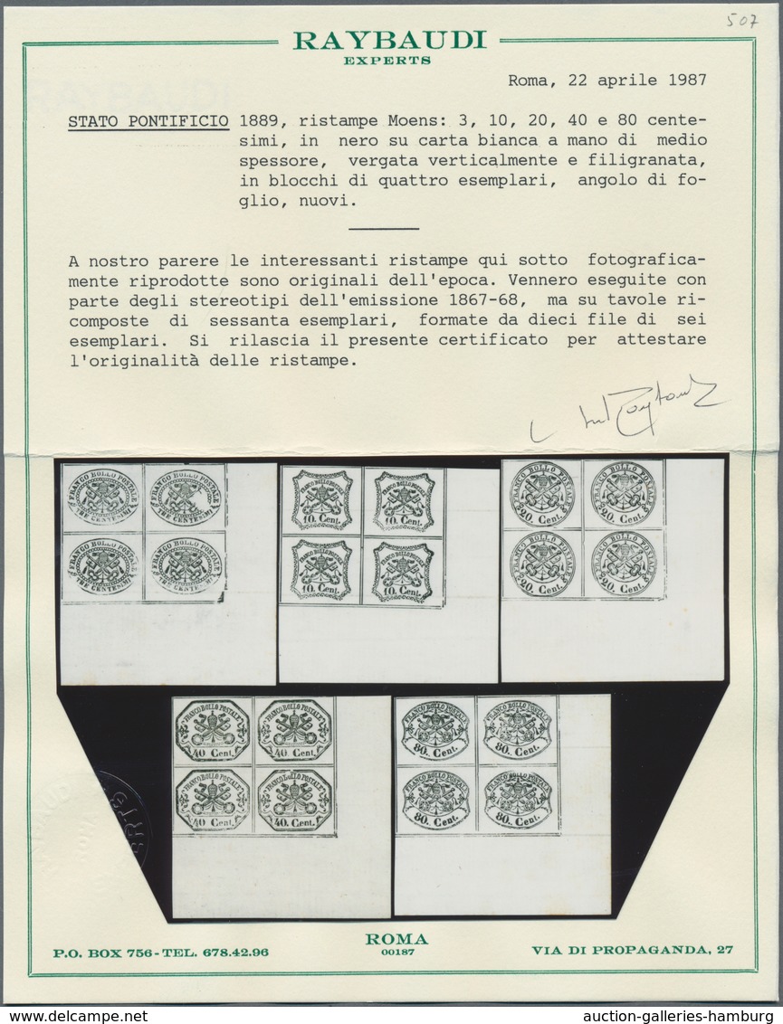 Italien - Altitalienische Staaten: Kirchenstaat: 1889, 3, 10, 20, 40 and 80 C black in blocks of 4 a