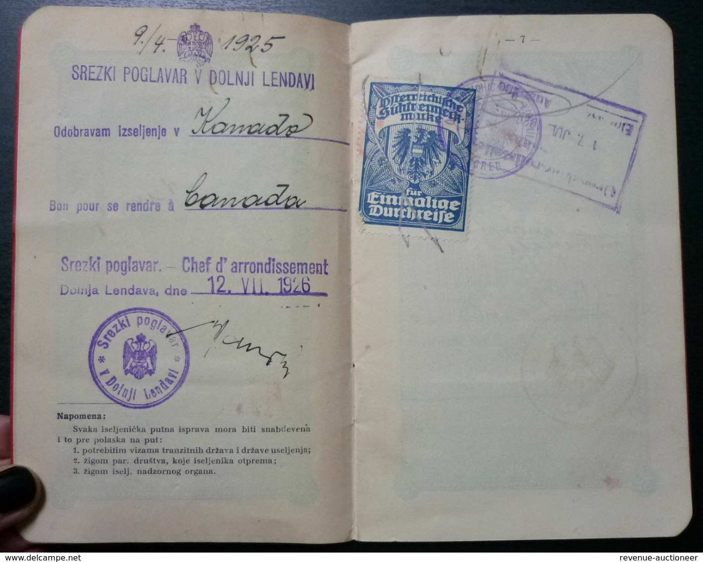 Yugoslavia C1926 Slovenia Croatia Vintage Expired Passport Revenue Stamps Canada Germany BP1 - Documenti Storici