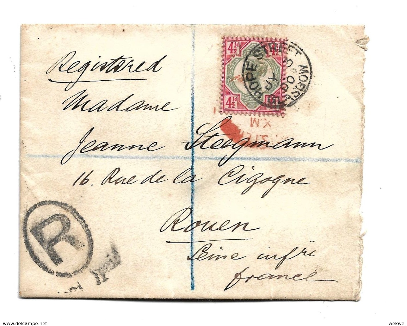 GBV241 / Gr. Britannien - Victoria, Mi.Nr.92, Einzelfrankatur Nach Rouen Jul. 31, 1900, Registered - Covers & Documents
