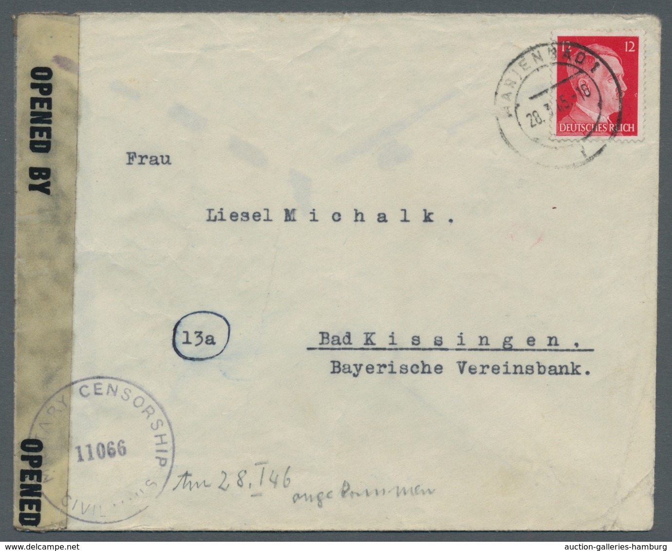 Deutsches Reich - 3. Reich: 1945, 12 Pf Hitler Buchdruck, EF Aus Marienbad (Sudetenland) Abgestempel - Covers & Documents