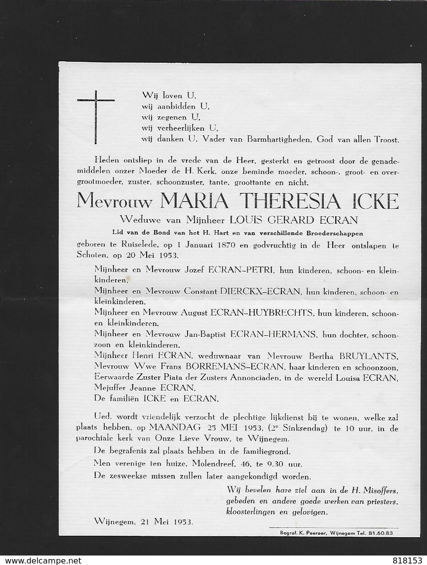 Wijnegem  Doodsbrief MARIA THERESIA ICKE - ECRAN 1953 - Wijnegem