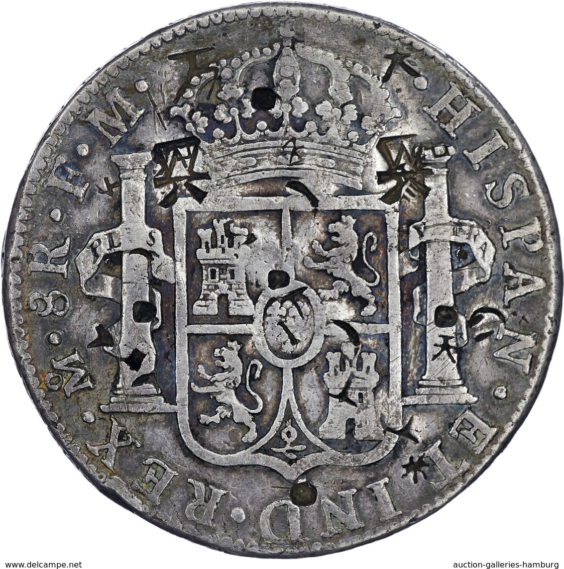 Mexiko: 1791, "Karl IV." 8 Reales In Schöner Erhaltung. Die Münze Weist Zahlreiche Gegenstempel Beso - Messico