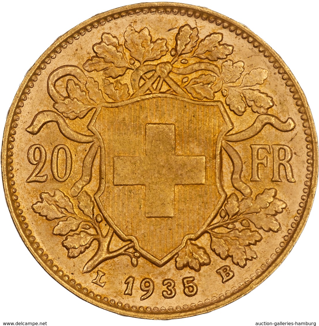 Schweiz: 1935, "Helvetia" 20 Franken In 900er Gold In Sehr Schöner Erhaltung. - Otros & Sin Clasificación