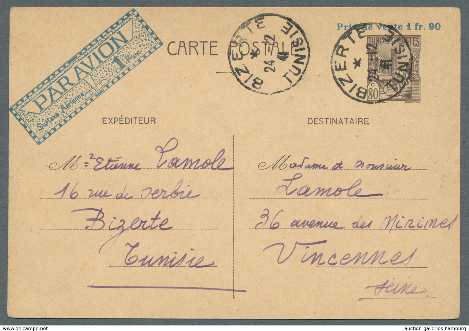 Tunesien - Ganzsachen: 1941-1942, Partie von 5 verschiedenen bedarfsgebrauchten Luftpost-Ganzsachenk