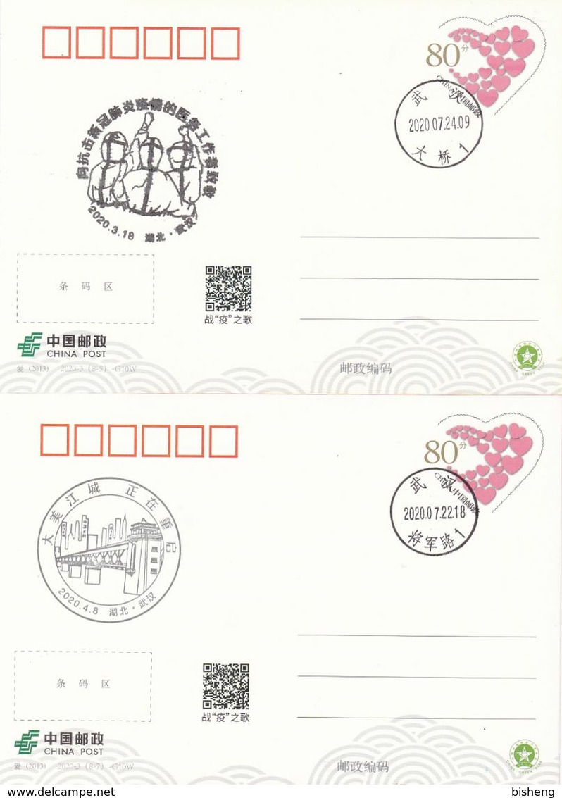 Cancelled Postage Postcards: China 2020 COVID -19 Set Of 8 Cards With Commemorative Postmarks - Lettres & Documents