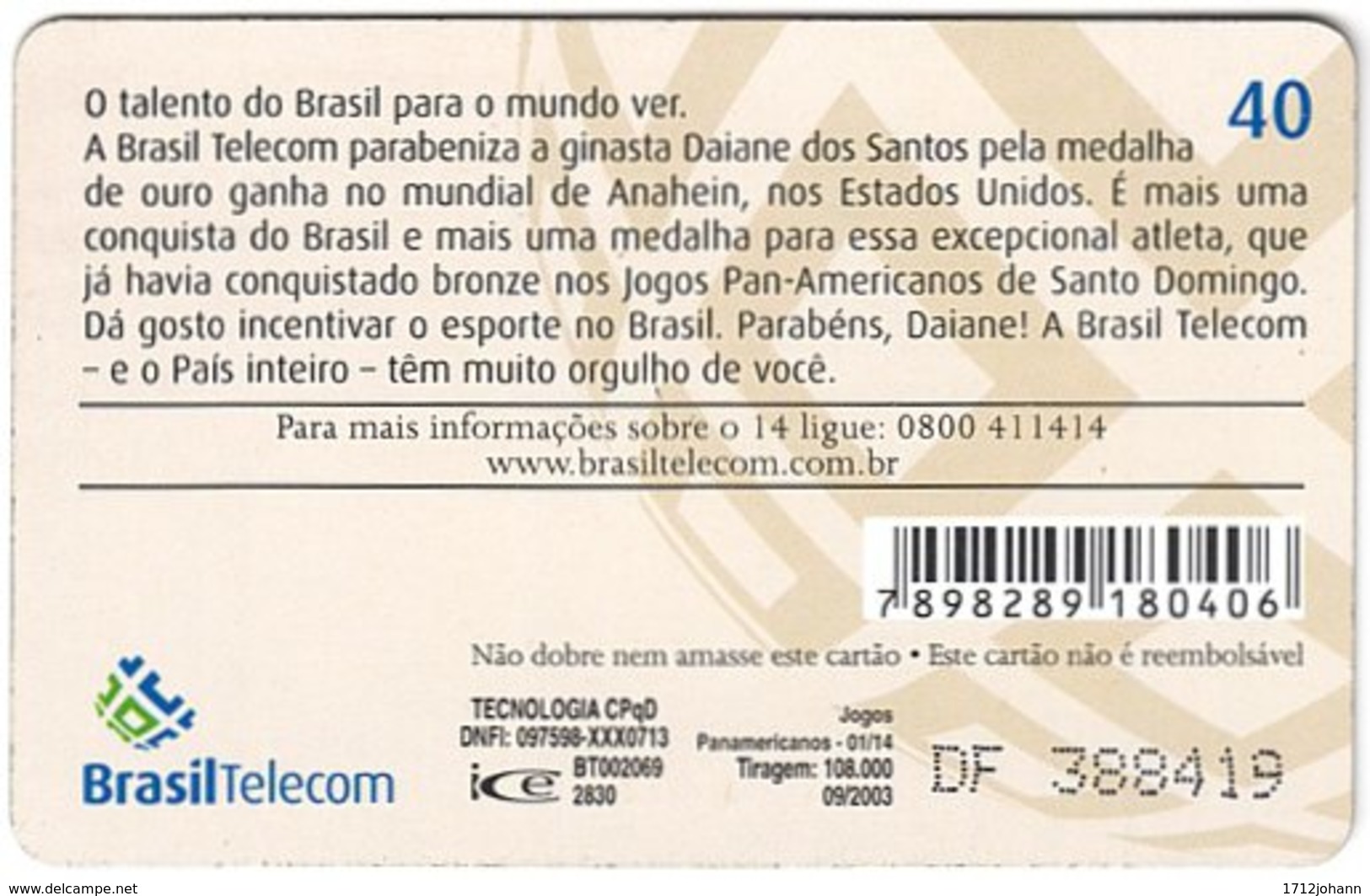 BRASIL M-847 Magnetic BrasilTelecom - Sport, Olympic Medal Winner - Used - Brasilien