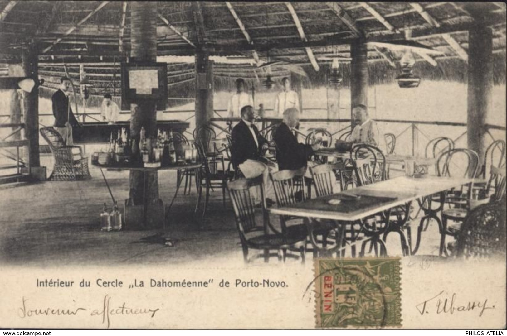 CPA Intérieur Du Cercle La Dahoméenne De Porto Novo YT Bénin N°45 1F Olive Type Groupe CAD Cotonou Dahomey 1 OCT 1904 - Used Stamps