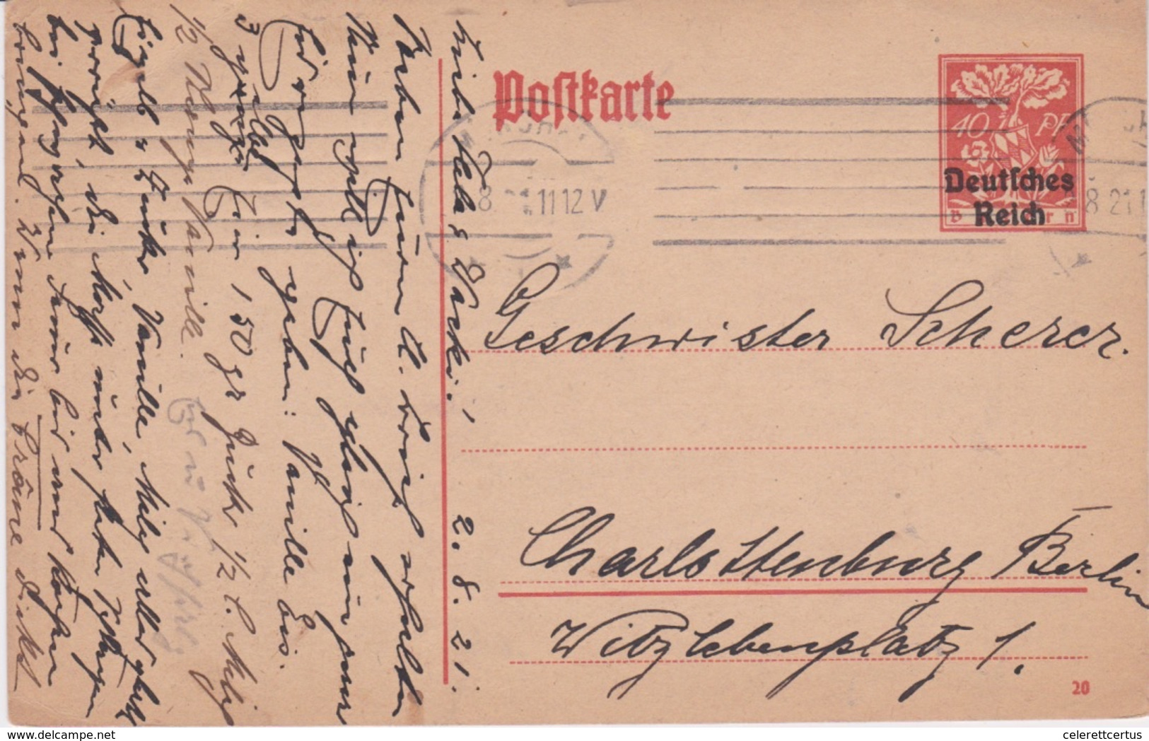 Germany-1921 Bavaria 10 Pf Orange Red Overprinted In Black "Deutsche Reich"  PS Postcard Munich Cover To Berlin - Covers & Documents