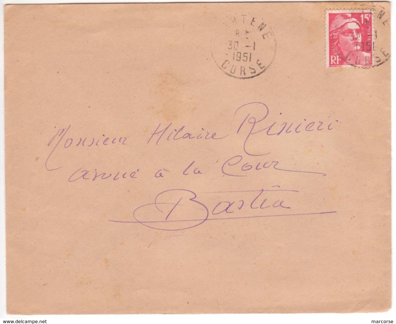 15F Marianne De Gandon Variété Gros Chiffres Faciale (Cérès Spécialisé 813j) Seul / Lettre SARTENE CORSE 1951 - 1945-54 Marianna Di Gandon