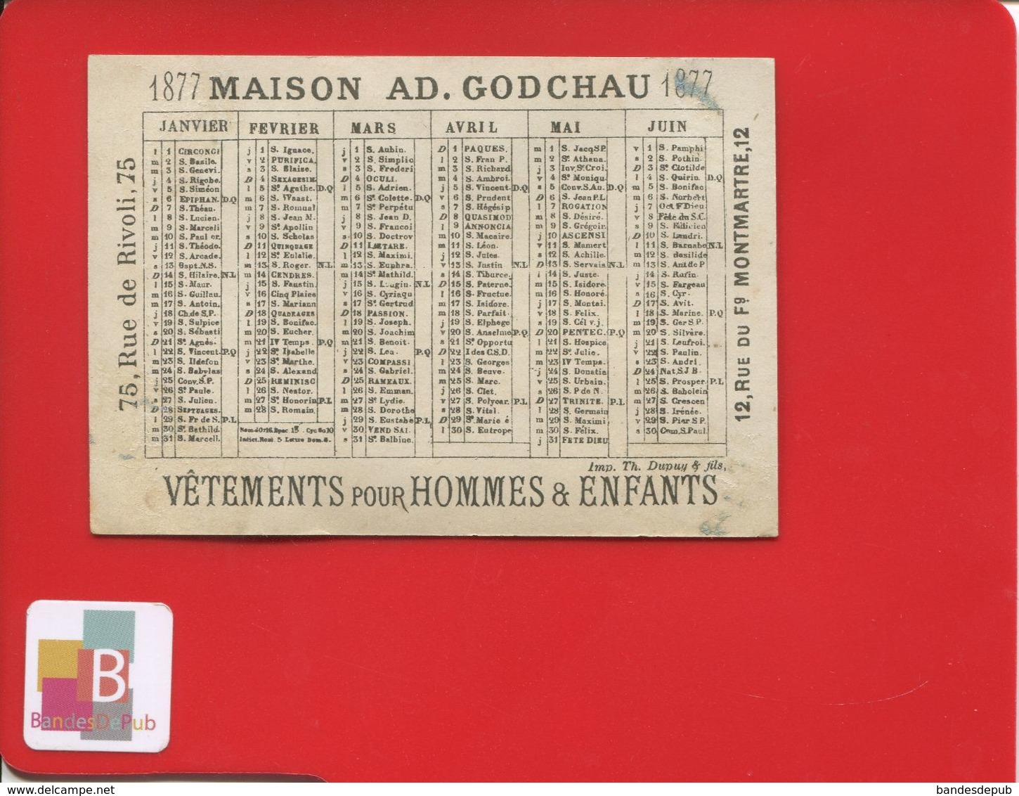 Paris Godchau Faubourg Montmartre Chromo  Calendrier 1877 Jockey Cheval Etendard  Dupuy - Andere & Zonder Classificatie