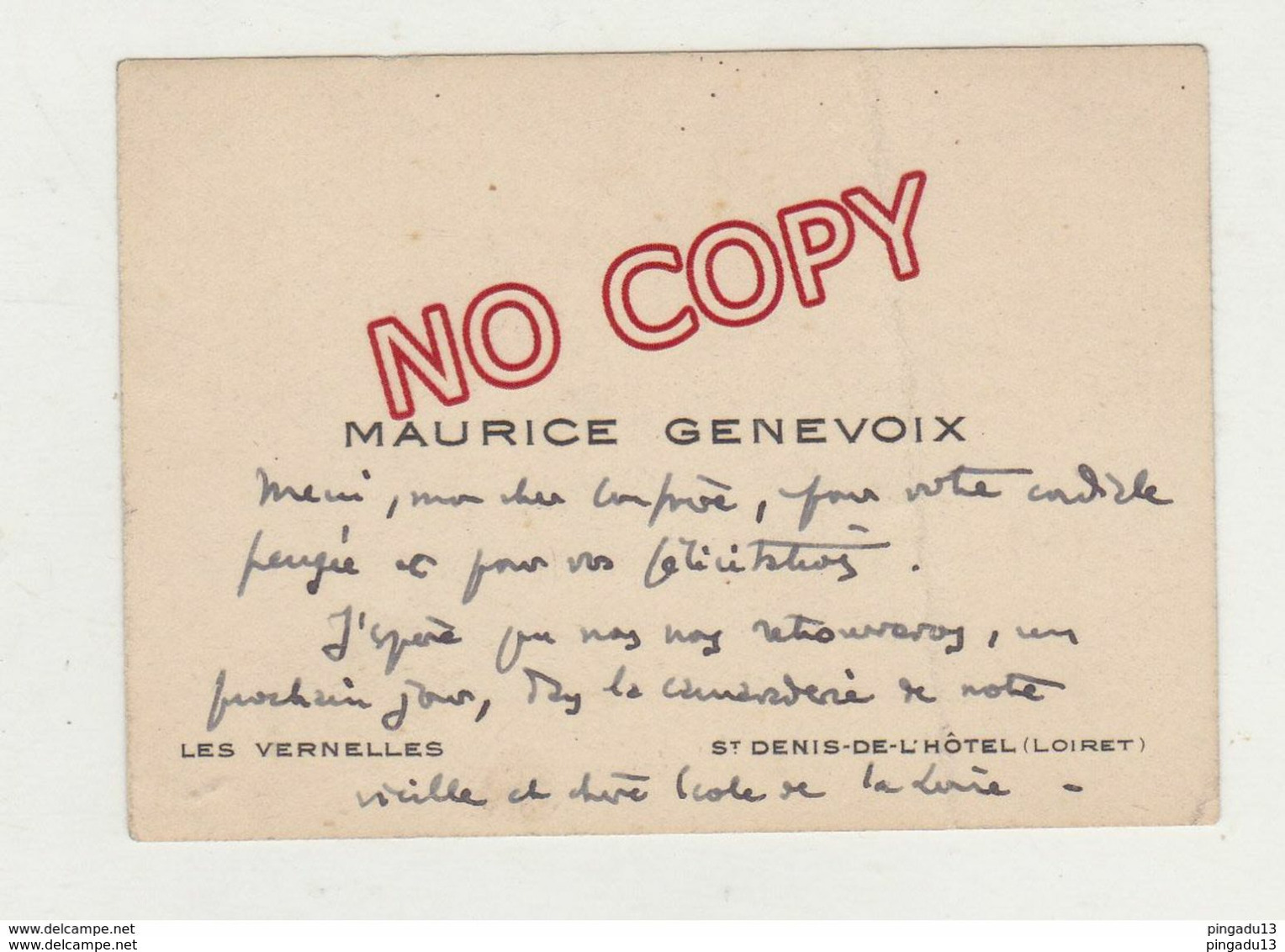 Lettre * Autographe De Maurice Genevoix écrivain France Plus Carte De Visite Châteauneuf Sur Loire 6 Avril 1923 - Other & Unclassified